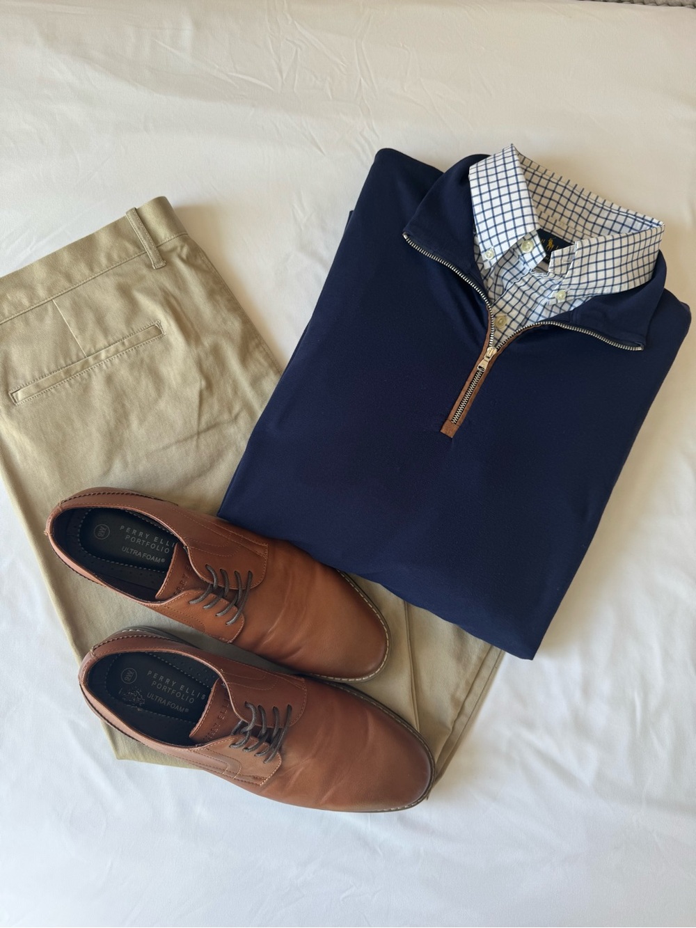 Ralph Lauren Navy Quarter-Zip Pullover with Tan Chinos